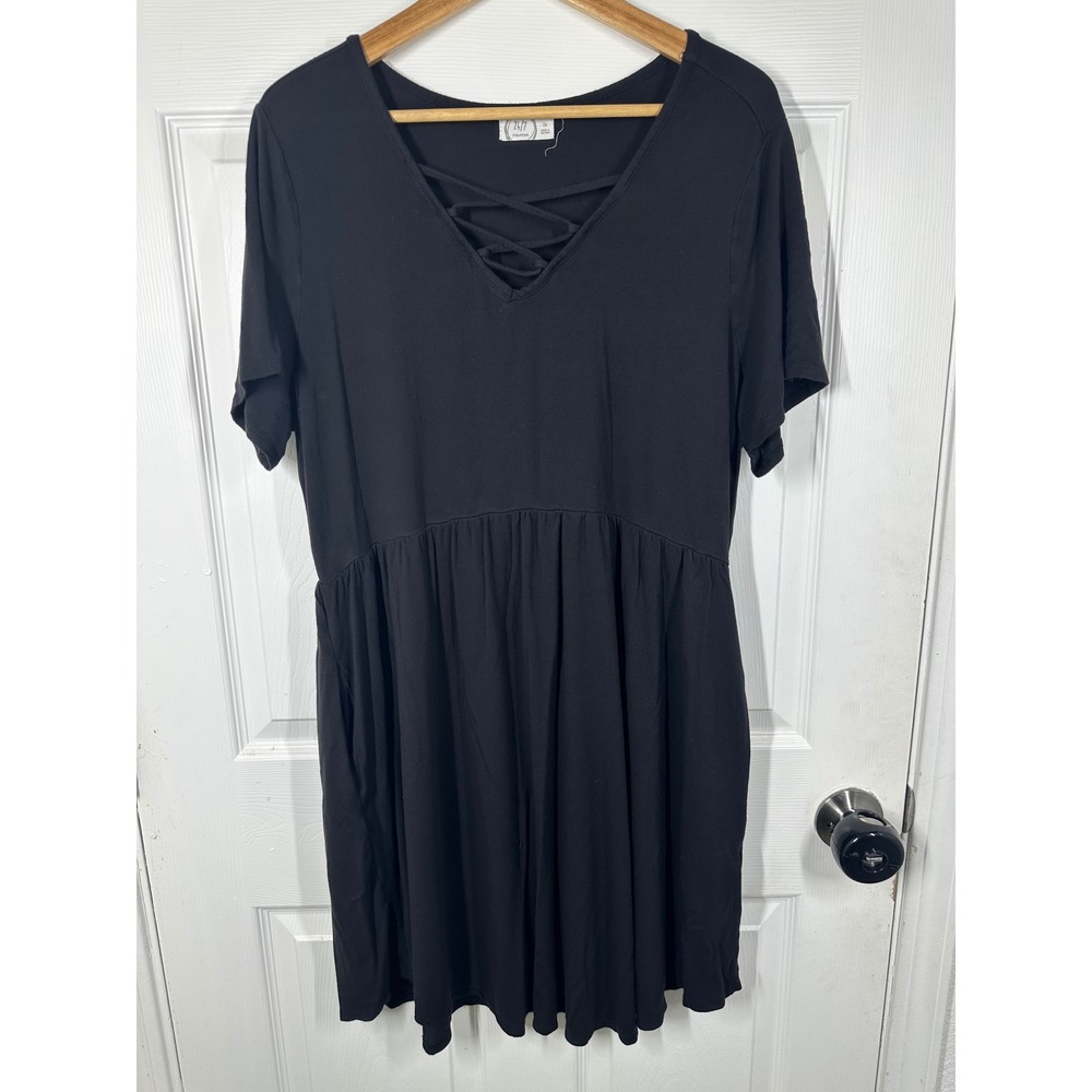 Maurices Dress Womens 0X Black 24/7 Lattice V-Neck Short Sleeve Empire Waist